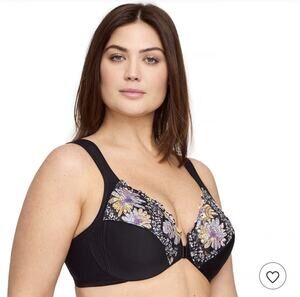 Glamorise Black Embroidered Floral Bra Underwire Front Close 38C Full Coverage